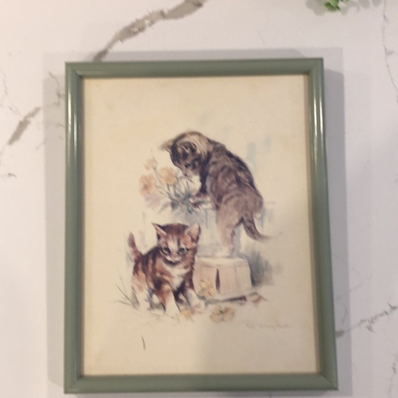 Vintage Paul Whitney Hunter lithograph print signed kittens floral framed 70s - Picture 4 of 6